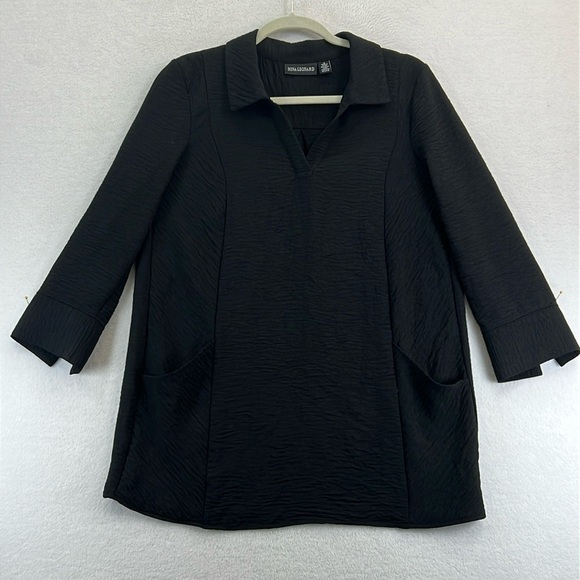 Nina Leonard Notched Neck Tunic Women’s Sz S Black Textured Polyester Knit - Picture 1 of 12